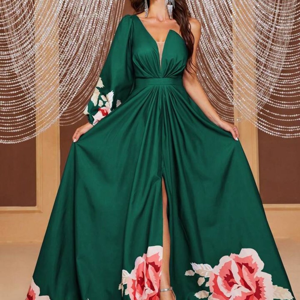 Floral Print One Shoulder Lantern Sleeve Split Thigh Dress